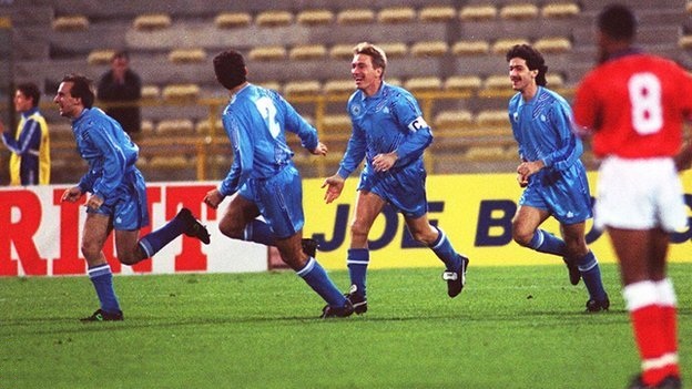 San Marino score an early goal in the 7-1 defeat to England, November 1993