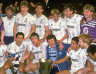 Tottenham Hotspur celebrate their second UEFA Cup trophy